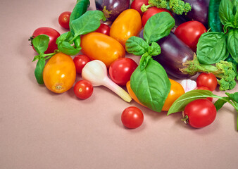 Fototapeta na wymiar Frame of various vegetables on background.