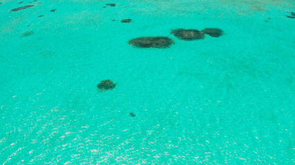 Turquoise lagoon surface on atoll and coral reef, copy space for text. Top view transparent turquoise ocean water surface. background texture