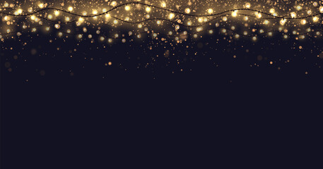 Festive vector background with gold glitter and confetti for christmas celebration. Dark background with glowing golden particles and light bulbs garlands.