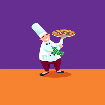 Happy pizza chef holding big hot pizza in his hand. Cartoon style