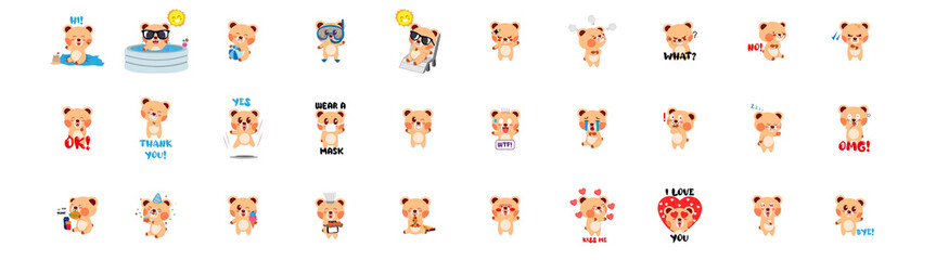 Set of bear cartoons with different emotions. Vector illustration