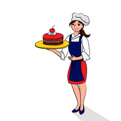 Confectioner girl with tasty cake in her hands