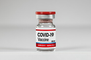 Glass ampoule with the inscription COVID-19 VACCINE isolated on a neutral background. Coronavirus Vial bottle for intramuscular injections. Solution for the pandemic.