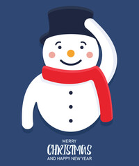 Vector concept of New Year holiday card. A snowman in a hat and a scarf smiles and wishes everyone a Happy New Year and Merry Christmas. Gift card to friends, relatives and relatives. New Year 2021.