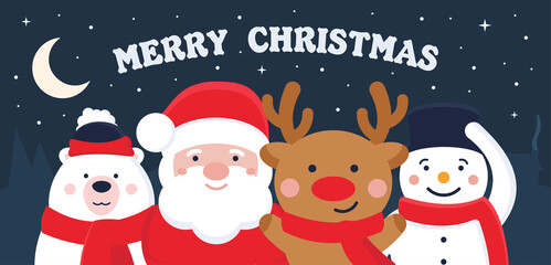 Vector concept of New Year holiday card or banner. A polar bear, Santa Claus, a deer, and a snowman in warm clothes wish everyone a Happy New Year. Snowy night. Merry christmas and a merry new year.