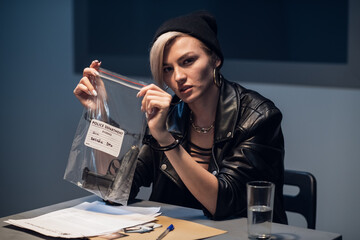 Young beautiful girl criminal posing with a gun in a bag in the interrogation room.