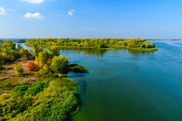 View of the river Dnieper on autumn in Kremenchug, Ukraine