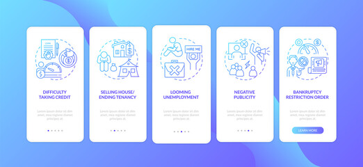 Bankruptcy negative impact dark blue onboarding mobile app page screen with concepts. Difficulty taking credit walkthrough 5 steps graphic instructions. UI vector template with RGB color illustrations