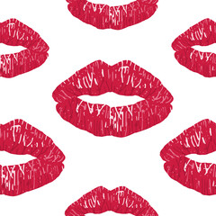 Seamless pattern. Red lips on a white background. Luscious, sensual, beautiful, sexy female lips. Kisses. Trendy vector illustration for holiday design, print on fabric, paper. Valentine's Day