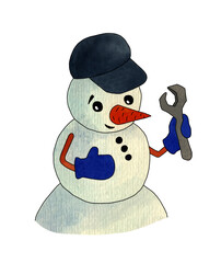 Watercolor illustration of a snowman in a blue cap with a wrench in his hands