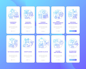 Bankruptcy dark blue onboarding mobile app page screen with concepts. Financial burden during pandemy walkthrough 5 steps graphic instructions. UI vector template with RGB color illustrations