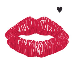 Red lips on a white background. Juicy, moist, beautiful, sexy female lips. The black heart. Vector illustration for holiday design, prints, greeting cards. Birthday, Valentine's Day, Women's Day.