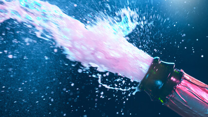 Champagne explosion with flying cork closure, opening champagne bottle closeup, celebration theme.