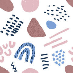 Abstract seamless pattern in trendy style with botanical and geometric elements, textures. Trendy pastel colors. 