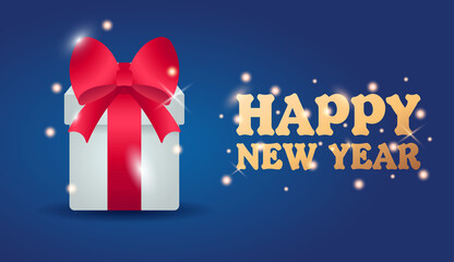Fototapeta premium Vector concept of greeting banner for new year or christmas. A beautiful large white gift with a red ribbon sparkles in anticipation of its opening.