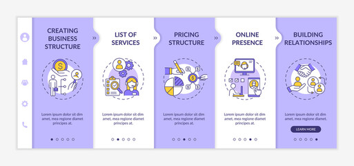 Startup company development onboarding vector template. Self employed worker. Freelancer strategy. Responsive mobile website with icons. Webpage walkthrough step screens. RGB color concept