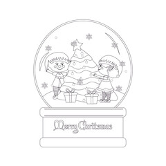 Happy christmas elves on a snowball with a christmas tree. Vector illustration