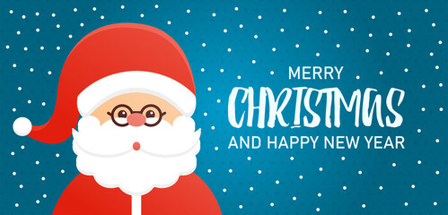 Vector concept of greeting banner. Cheerful Santa Claus with a big fluffy beard and glasses wishes everyone a Merry Christmas and New Year. Greeting card for the holidays.