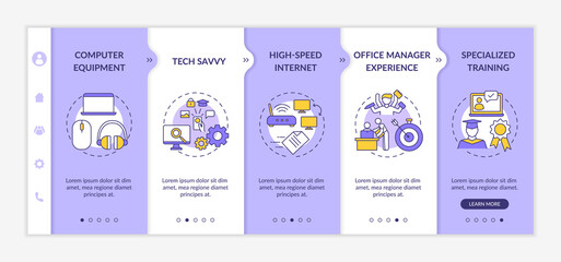 Virtual assistant requirements onboarding vector template. Office manager experience. Specialized training. Responsive mobile website with icons. Webpage walkthrough step screens. RGB color concept
