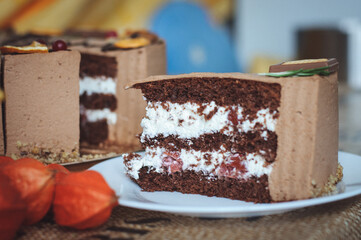 delicious chocolate cake with cream and cherries on a white plate. A piece of chocolate cake close up.