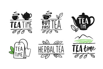 Tea emblems with text and leaves - obrazy, fototapety, plakaty