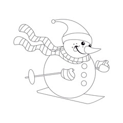 Happy christmas snowman cartoon on a ski. Vector illustration