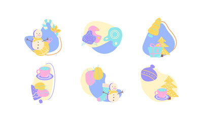 Winter holiday season flat vector concept illustration with abstract shapes set. Christmas tree bauble. Ornate sphere. Present, gift. Wintertime 2D geometric and organic cartoon elements collection