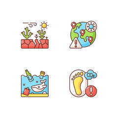 Global warming RGB color icons set. Climate changing because of human lifestyle. Dangerous pandemic problem. Greenhouse footprint. Isolated vector illustrations
