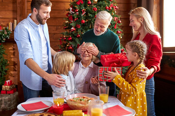 elderly woman get gifts by lovely members of family, children please her, at home, by new year tree