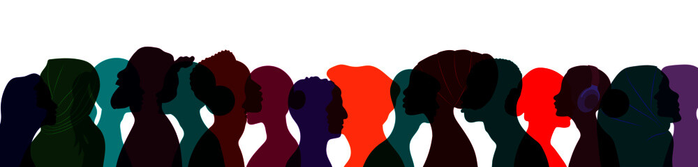 Silhouettes of diverse multiethnic and multiracial people. Profiles of men and women. The concept of racial equality and anti-racism. Multicultural society. Friendship of peoples of different continen