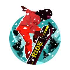 Jump of snowboarder against the background of snow-covered mountain landscape. Hand drawing vector illustration. Can be used for poster, avatar, social media, background.