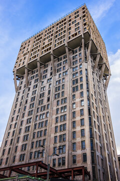 The Torre Velasca (Velasca Tower) is a skyscraper built in 1958, first 18 floors shops and offices and the subsequent to 26th are apartments. MILAN, ITALY. January 2, 2018.