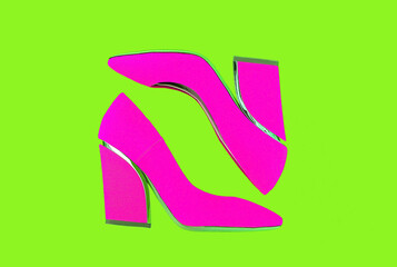 Magenta pink female shoes on a bright green background.