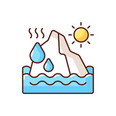 Melting glaciers RGB color icon. World ocean level rising process. Iceberg diseapiring problem. People damaging climate. Isolated vector illustration
