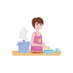 Happy woman cooking with kitchen elements around, colorful design