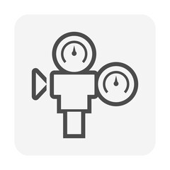 Pressure gauge or manometer icon. Also called pressure meter or vacuum gauge. Device is a pressure measurement used to measure and display pressure. Including with air valve and pipe. Vector icon.