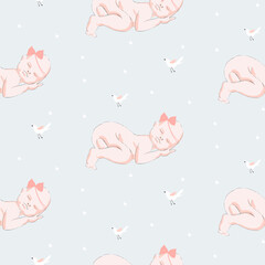 Sleeping newborn. Vector seamless pattern for baby clothes and lingerie. Hand drawn child. Creative vector childish background for fabric, textile. Baby shower isolated template. Vector illustration.