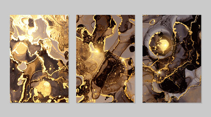 Set of black, and gold marble abstract patterns. Alcohol ink technique stone texture. Vector background. Modern paint with glitter. Banner, poster design template.