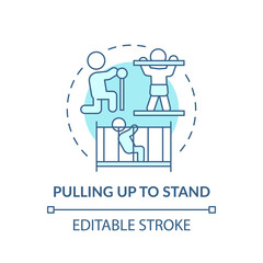 Pulling up to stand turquoise concept icon. First step to walking. Physical ability. Early childhood development idea thin line illustration. Vector isolated outline RGB color drawing. Editable stroke