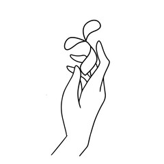 Hand holding a seed with leaves. Line drawing of back to nature theme. Growing plant in hand palm. Concept of growing and love earth hand drawn vector illustration.