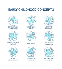 Early childhood development turquoise concept icons set. Developmental milestones. Baby growth. Childcare idea thin line RGB color illustrations. Vector isolated outline drawings. Editable stroke