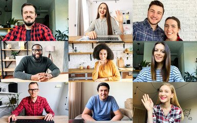 Application view of multiracial work team, headshots of diverse group of young people looks at the...