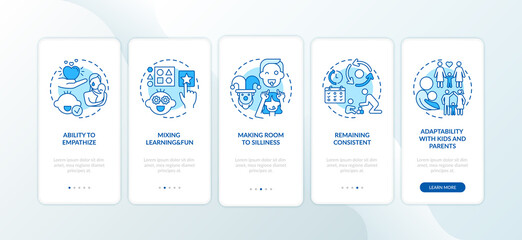Baby learn and play blue onboarding mobile app page screen with concepts. Emotional development. Parenthood walkthrough 5 steps graphic instructions. UI vector template with RGB color illustrations
