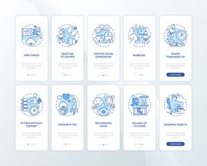 Early childhood development blue onboarding mobile app page screen with concepts. Developmental milestone walkthrough 5 steps graphic instructions. UI vector template with RGB color illustrations