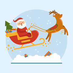 Santa Claus in a New Year's sleigh with gifts and a deer flies in order to leave them under the tree. New Year's snowy atmosphere. Merry christmas and a merry new year. Banner concept.