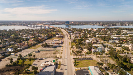"Daytona Beach, FL USA - 12-10-2020: Aerial shot of the International Speedway Blvd Bridge in Daytona Beach."