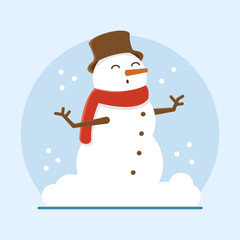 A snowman in a New Year's hat stands in a pile of snow and sleeps. New Year's snowy atmosphere. Merry christmas and a merry new year. Banner concept for website or print.