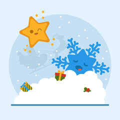 Cheerful polar star shines while a snowflake sleeps in a pile of snow with gifts. New Year's snowy atmosphere. Merry christmas and a merry new year. Banner concept for website or print.