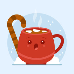 A cup of coffee (cappuccino) looks at the marshmallows that are on top of it in anticipation to eat them. New Year's snowy atmosphere. Merry christmas and a merry new year. Banner concept for website