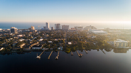 "Daytona Beach, FL USA - 12-10-2020: Sunrise shot of the Daytona Beach skyline from over Halifax River."